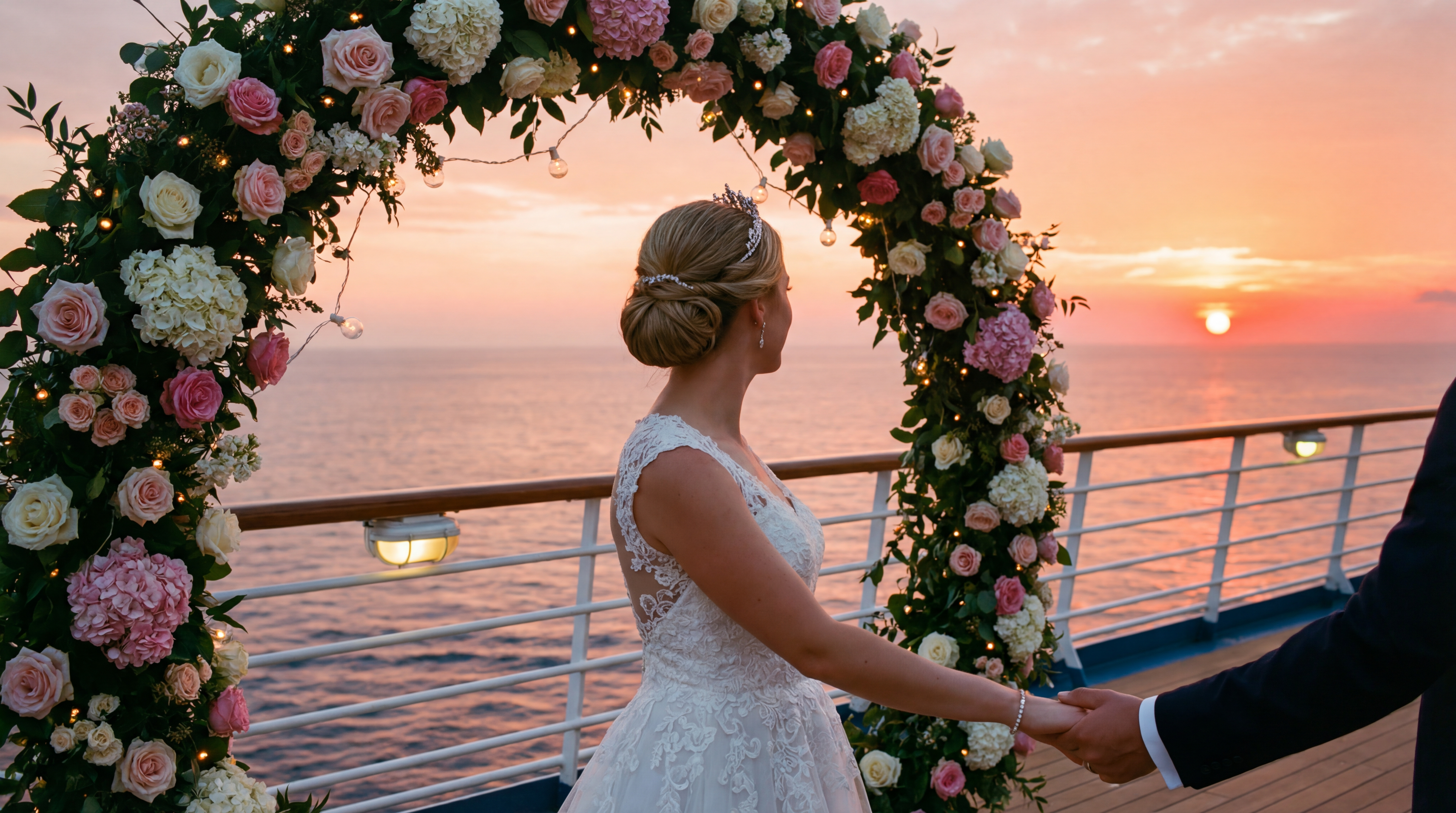 Bride on deck at sunset with floral arch
